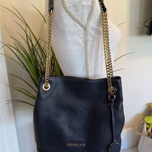Michael Kors Navy Blue Leather Shoulder Bag w Gold Chain/Leather Straps